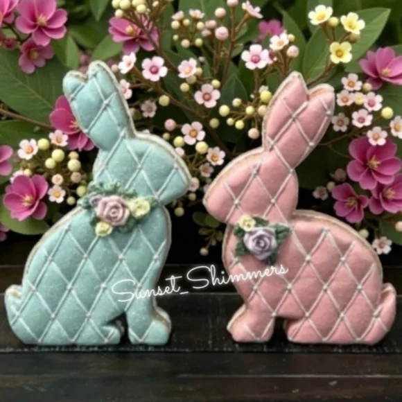 Blue Iced Gingerbread Easter Bunnny Cookie White lattice Resin Figure Decor New - Picture 7 of 7